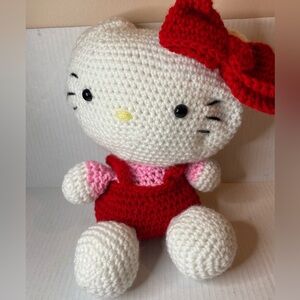 Handmade Crocheted Hello Kitty Stuffed Doll Toy with Red Shorts Pink Shirt 12”